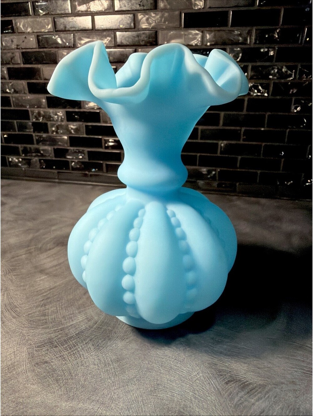 Fenton Satin Powder Baby Blue Ruffled Melon Beaded Vase 5 3/4" T